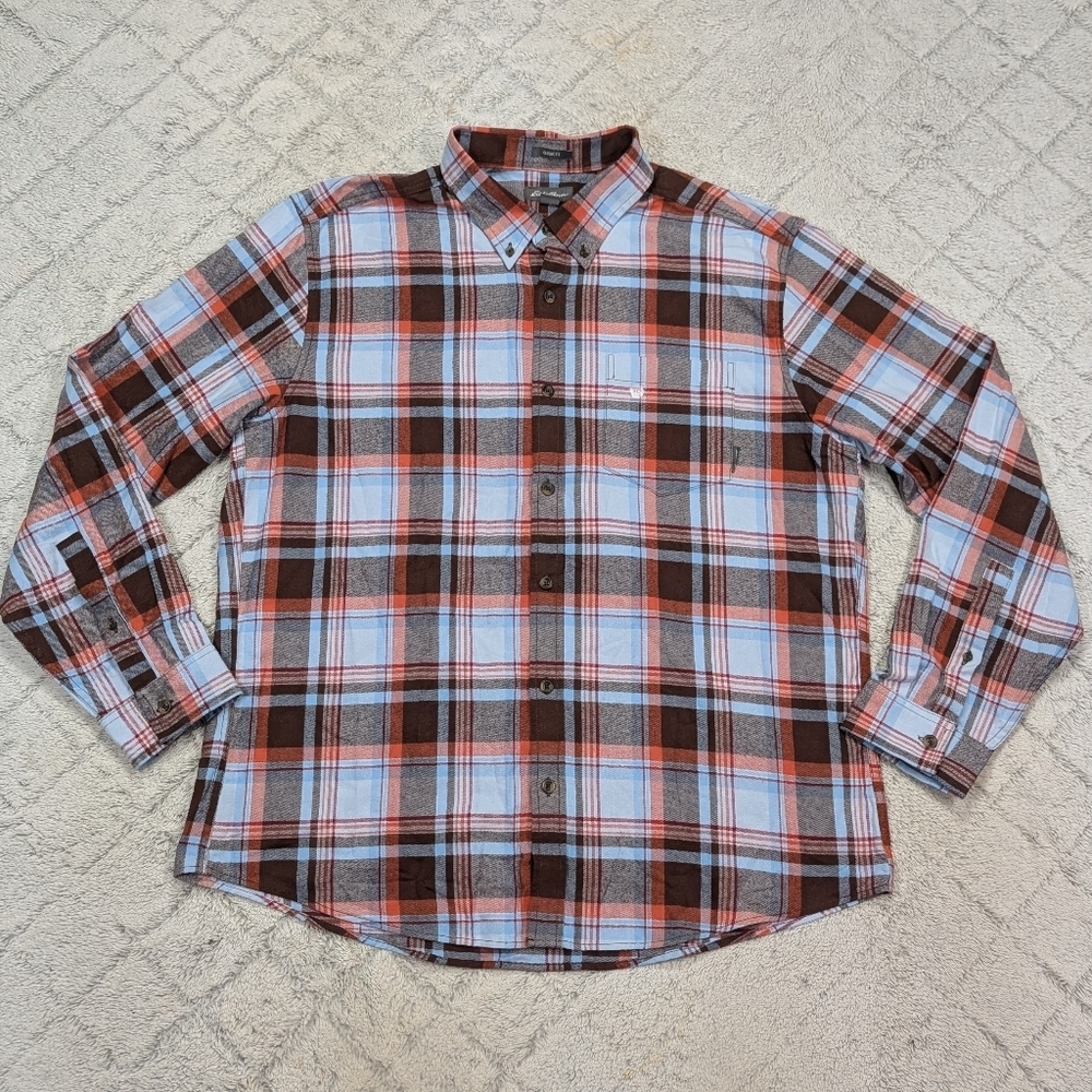 Eddie Bauer Shirt Mens XL Blue Brown Plaid Field Flannel Cotton Button Up Casual